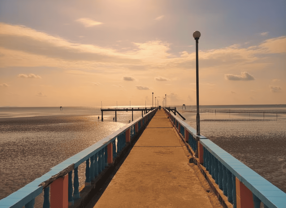 Đứng tr&ecirc;n cầu t&agrave;u hướng ra biển, khi thuỷ triều r&uacute;t, du kh&aacute;ch c&oacute; thể thấy b&atilde;i bồi hiện ra lấp l&aacute;nh dưới nắng